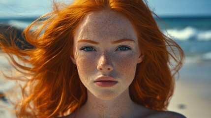Serene redhead woman with freckles on beach backdrop