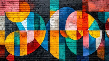 Fototapeta premium Vibrant street art mural, urban brick wall, bold primary colors, abstract geometric shapes, graffiti style, gritty texture, high contrast, wide-angle shot, photorealistic.