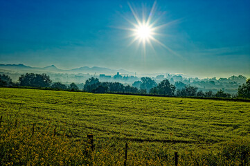 Field in early morning with sun shining through mist and silos in the background on the outskirts...