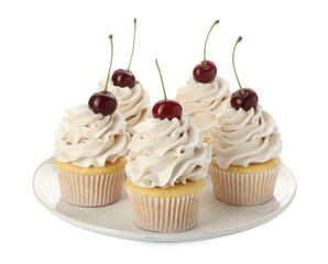 Delicious cupcakes with cream and cherries isolated on white