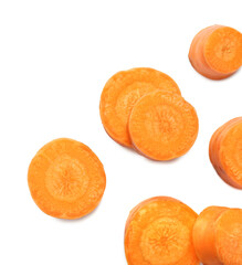 Slices of fresh ripe carrot isolated on white, top view