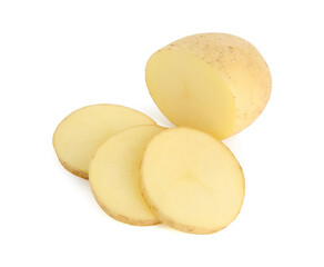 Fresh whole and cut potatoes isolated on white