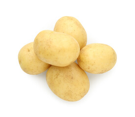 Pile of young fresh potatoes isolated on white, top view