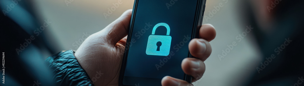 Poster ai cyber security, an overhead shot of a hand with a smartphone displaying a noticeable padlock secu
