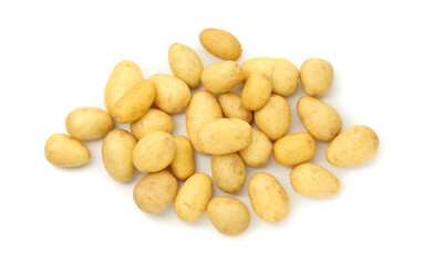 Pile of fresh young potatoes isolated on white, top view