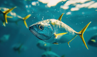 Fototapeta premium Shoal of colorful jack fish swimming gracefully in the ocean creating a beautiful underwater copy space