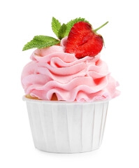 Tasty cupcake with strawberry and mint isolated on white