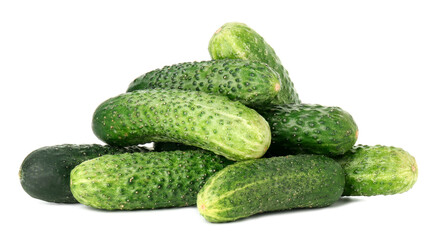 Pile of whole fresh cucumbers isolated on white