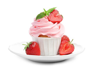 Tasty cupcake with strawberries and mint isolated on white