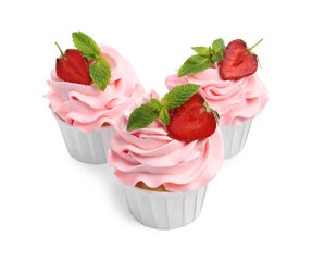 Tasty cupcakes with strawberries and mint isolated on white