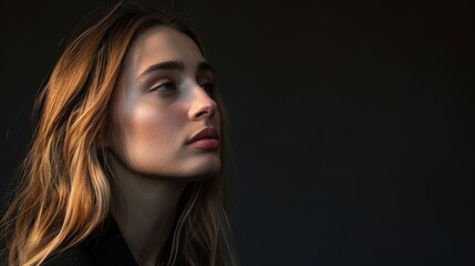 Naklejka premium Elegant woman with long hair, looking thoughtfully. Blank space on the left for text or logos.