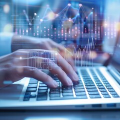Data Analysis and Business Intelligence:  Hands Typing on Laptop with Financial Charts in the Background