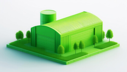 A modern, eco-friendly building design featuring a green color palette, complemented by trees and a cylindrical structure.