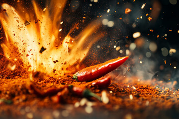 Fototapeta premium Red hot chilli pepper explosion with chilli flake and fire for commercial.