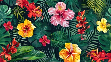 Fototapeta premium Exotic seamless pattern of vibrant tropical flora.