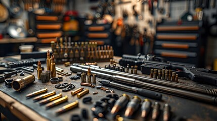 Naklejka premium A close-up of a gun cleaning kit laid out on a workbench, with detailed focus on the various tools and parts used for maintaining a firearm