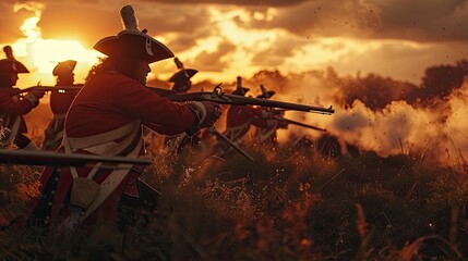 A dramatic scene of a historical reenactment with soldiers wielding muskets in a battlefield setting, with attention to the period-accurate details of the firearms and uniforms