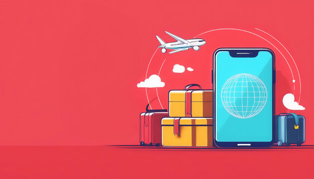 A modern travel concept featuring a smartphone, luggage, and an airplane, symbolizing global exploration and connectivity.