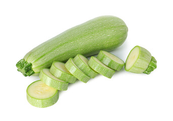 Fresh whole and cut zucchinis isolated on white