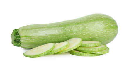 Fresh whole and cut zucchinis isolated on white