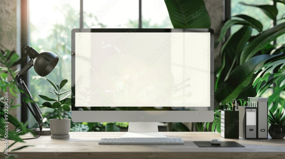 Poster modern workspace with blank computer screen and plants
