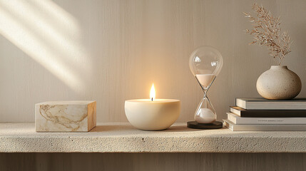 A minimalist interior shelf setup featuring a lit candle in a unique holder, an hourglass, books, and a decorative marble bookend. The clean and elegant arrangement exudes simplicity 