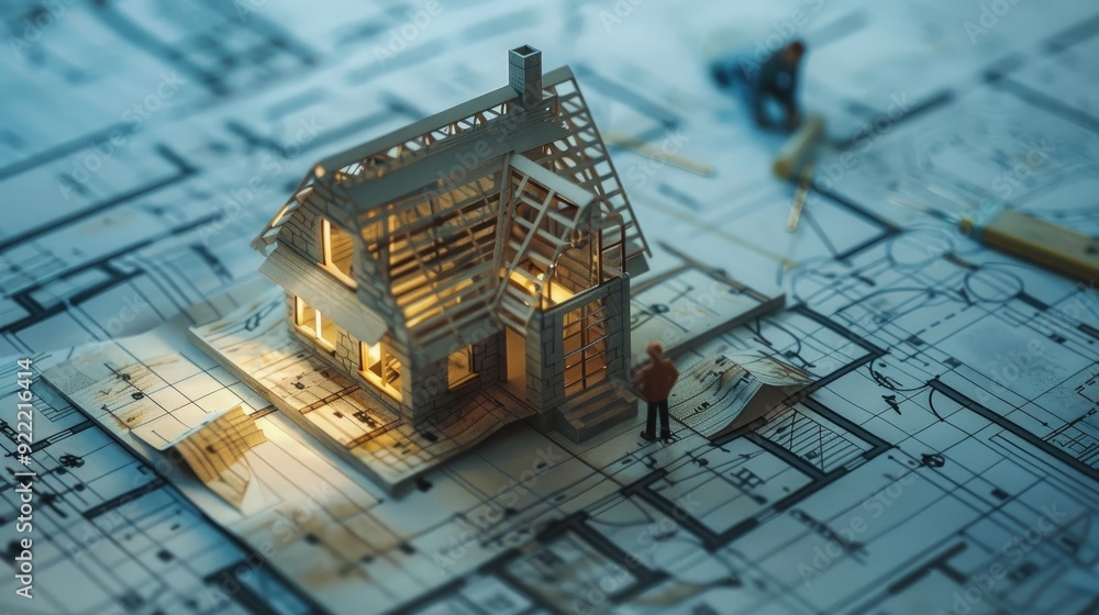 Poster building house on blueprints with worker - construction project