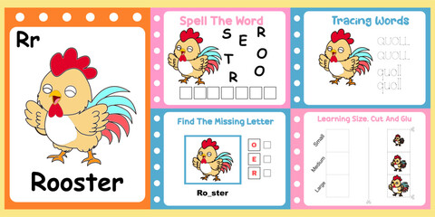 worksheets pack for kids a cute rooster vector.