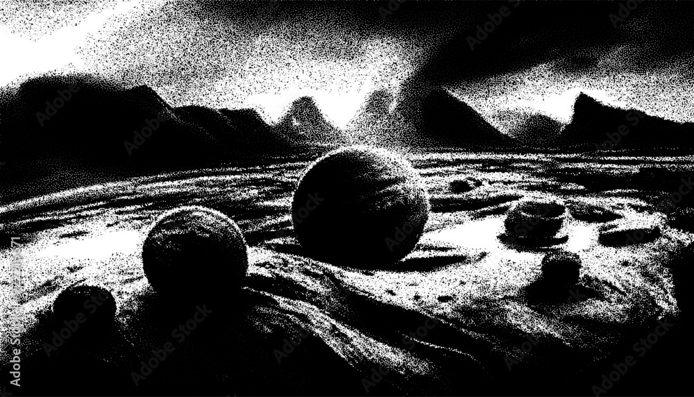 Aufkleber alien planet landscape in retro dotwork style. planets and satellites over unknown planet in space. 