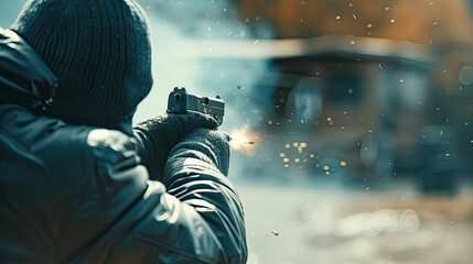 An action-packed scene of a competitive shooter in mid-action at a shooting match, with the focus on their stance, the firearm, and the target