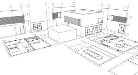house architectural project sketch 3d illustration	
