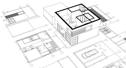 house architectural project sketch 3d illustration	

