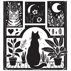 A cat and a plant in an illustrated frame  silhouette vector with white background
