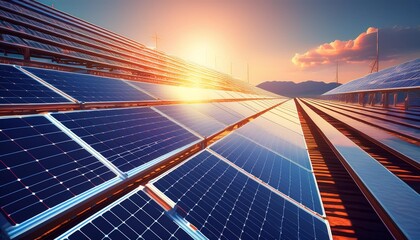 Solar power station with solar panels for producing electric power energy by green power. Technology and electrical industrial power plant concept. 3D illustration rendering