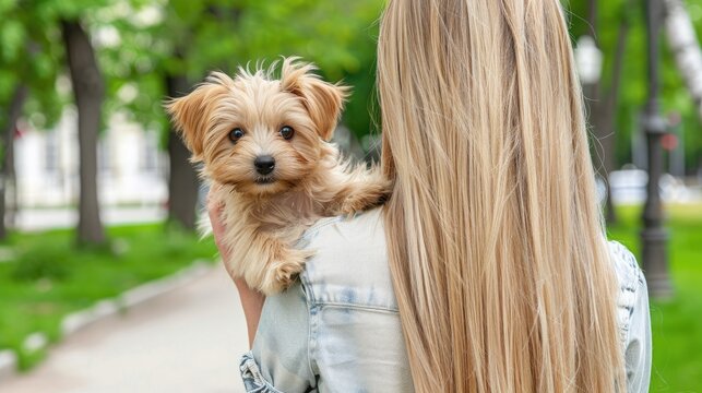 A blonde woman enjoys a sunny day in the park with her cuddly cavapoo puppy resting on her shoulder