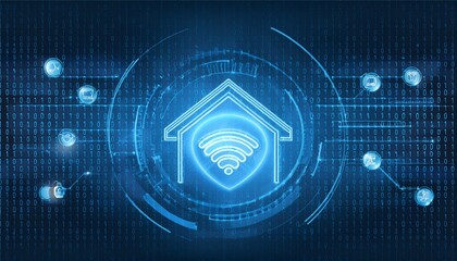 Obraz premium Smart home wireless entertainment and futuristic wifi security on blue abstract digital binary code background. Business technology and Digital transformation concept. illustration.