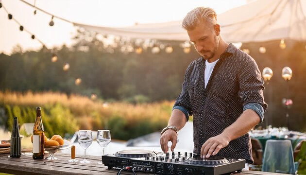 Dj mixing equalizer at outdoor in music party festival with party dinner table. Entertainment and Event organizer concept. Concert and Musical theme