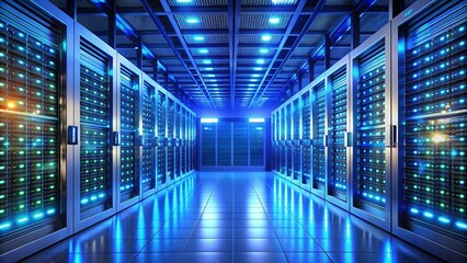 Fototapeta premium High-tech data center with rows of server racks illuminated by vibrant blue LED lights , technology