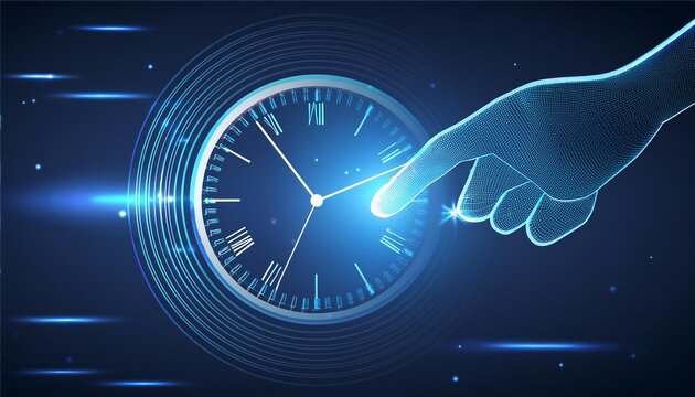 Futuristic time clock hand and clock face digital transformation abstract technology background. Business growth currency stock timer and investment economy.  illustration
