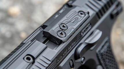 A close-up of a firearm&acirc;&euro;&trade;s safety switch and magazine release, emphasizing the functionality and design of these critical components in a modern handgun