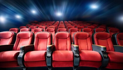 Obraz premium Red velvet movie theatre cinema seat chairs with dolly motion camera movement background. Art and entertainment concept.