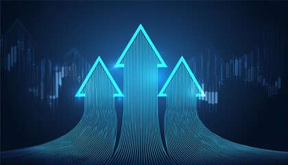Futuristic raised triple-up arrow chart with candlesticks digital transformation abstract technology background. Big data and business growth currency stock and investment economy.  illustration