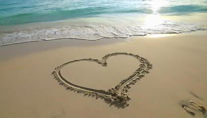 Heart shape handdrawing wiping and easing by ocean and sea wave on the white sand beach background. Passion and affection concept. Nature landscape and Valentines day concept. 4K footage video
