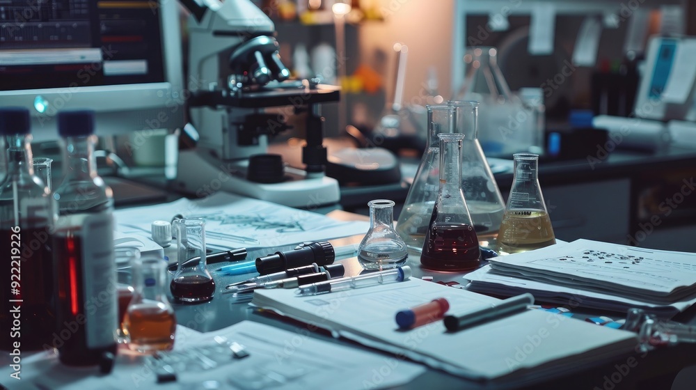 Poster close-up of a forensic scientist's desk with forensic evidence and lab equipment, symbolizing a job 