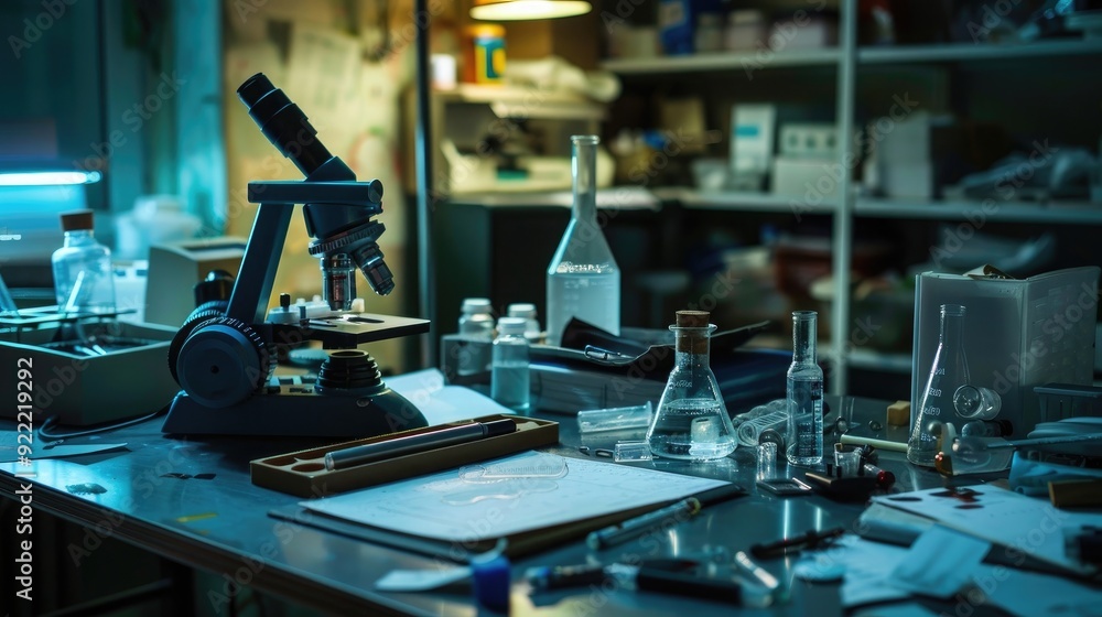 Aufkleber close-up of a forensic scientist's desk with forensic evidence and lab equipment, symbolizing a job 