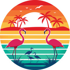 beach with flamingo Minimal sunset t-shirt design artwork white background
