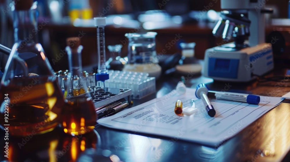 Aufkleber close-up of a forensic scientist's desk with forensic evidence and lab equipment, symbolizing a job 