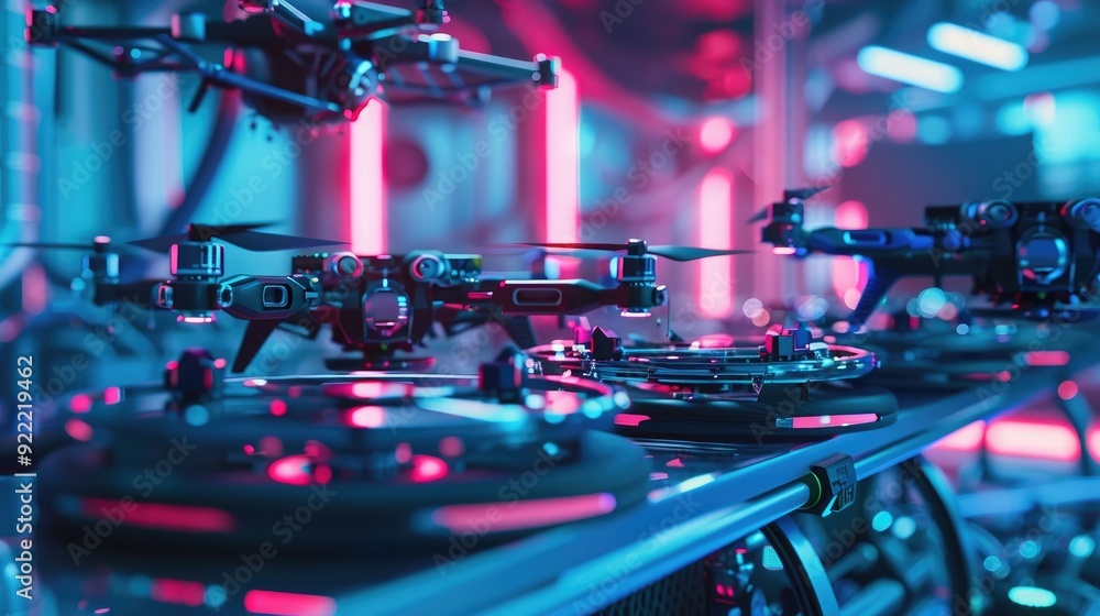 Poster close-up of a futuristic drone assembly process with high precision tools and robotic arms, in a neo