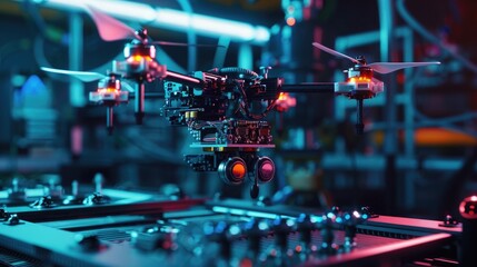 Close-up of a futuristic drone assembly process with high precision tools and robotic arms, in a neon-lit, ultra-modern manufacturing environment