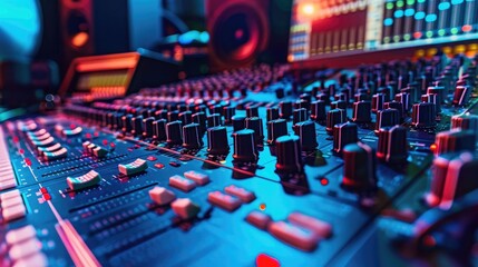 Close-up of a music producer's desk with mixing consoles and recording equipment, symbolizing a job in music production